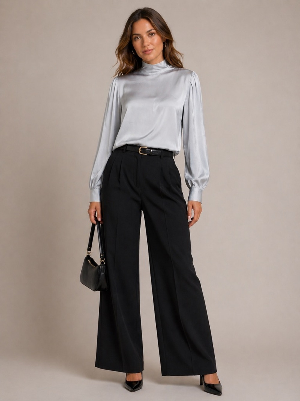 Prologue Women's Silver Tie Back Balloon Long Sleeve Chic Blouse - size L